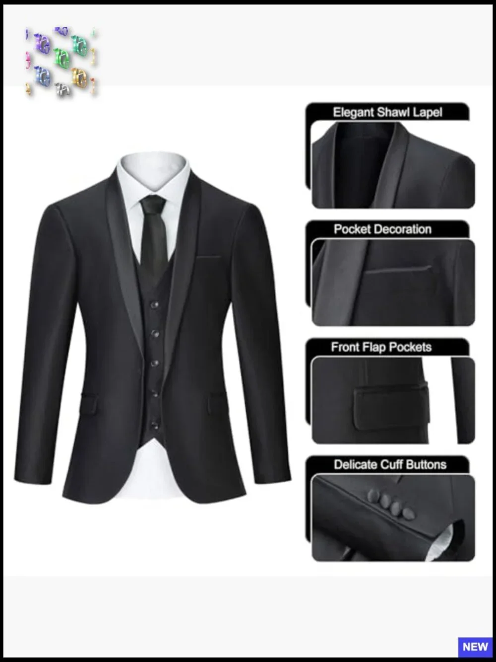 Slim Fit Three Piece Suit Shawl Lapel Blazer Vest Pants Set Classic Elegant